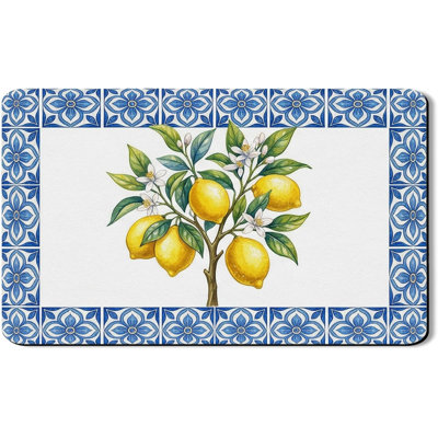 Tapis de séchage à vaisselle à motif floral citron pour comptoir de cuisine, tapis de support d'égouttoir à vaisselle en caoutchouc absorbant bleu méditerranéen, coussin de séchage à ressort pour protecteur de bar à café 18 x 30 pouces