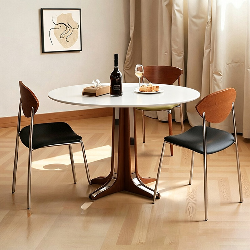 Table de salle à manger blanche ronde en bois fritté + bois massif + acier inoxydable, H 29,53 po x L 39,37 po x l 39,37 po