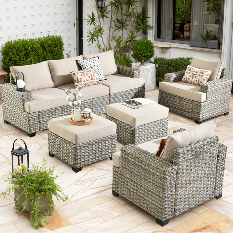 7 - Person Patio Furniture Set with Chairs, Outdoor Wicker Rattan Sectional Seating Group with Cushions, All Weather Sofa Conversation Set with Ottomans for Garden Backyard