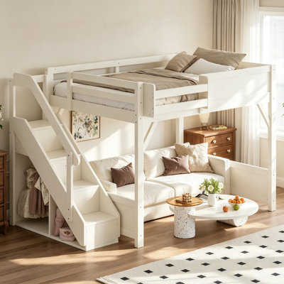 Full Size Loft Bed with Built-in Wardrobe and Storage Space, Solid Wood Loft Bed with Beside Shelves, Full-length Guardrails and Stairs, No Box Spring Needed
