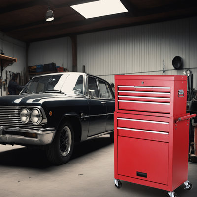 Metal Toolbox With 8 Drawers, Detachable Top, Lockable Wheels, Side Hooks, Red Garage Unit Tool Chest Cart