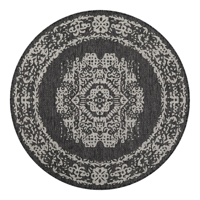Cowart Oriental Charcoal Gray Area Rug, Round 5'3"