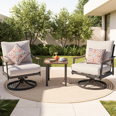 3-Piece Swivel Rocking Bistro Set – Handwoven Wicker Back, Wood-Grain Arms & Tabletop, Olefin Cushions
