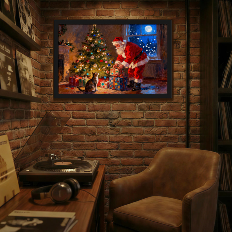 Père Noël et chat avec arbre de Noël, H 16 po x l 24 po