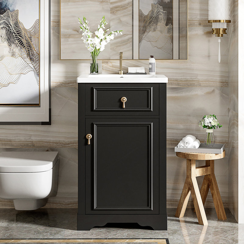 Meuble-lavabo de 20 pouces avec lavabo en céramique, porte à fermeture douce, tablette réglable et support de rangement fixé à la porte - idéal pour les petites salles de bain