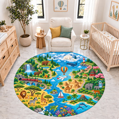 "Ultra Thin" 6' x 6' World Travel Animal Adventure Map Round Area Rug, Soft Low Pile Indoor Rug and Non-Slip Silicone Backing Carpet for Nursery, Kids Room and Playroom