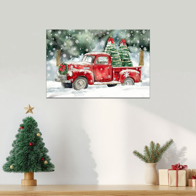 Vintage Red Truck and Christmas Trees Canvas Wall Art – Holiday Snow Winter Scene Painting, Christmas Canvas Prints, Farmhouse Picture Poster for Home Decor, Ready to Hang, Multiple Sizes, 12×18 Inches
