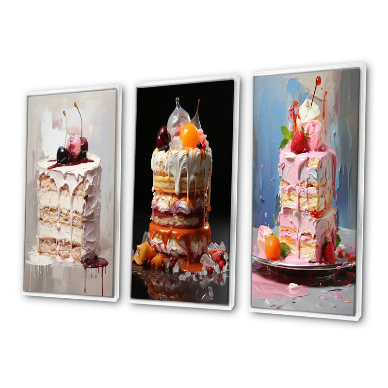 «Popart Cake Dessert - Desserts», ensemble de 4 reproductions d'art sur toile, Cadre flottant blanc, H 28 po x l 36 po