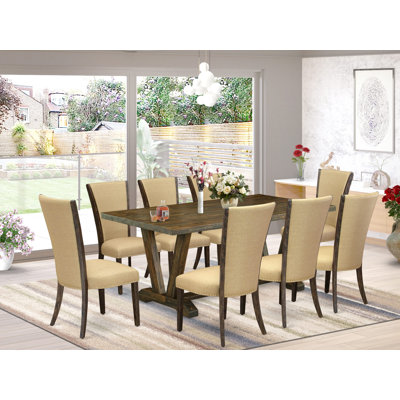 9-Piece Kitchen Table Set Contains a Distressed Jacobean Rectangular Table and 8 Brown Linen Fabric Kitchen Chairs with High Back - Distressed Jacobean Finish.