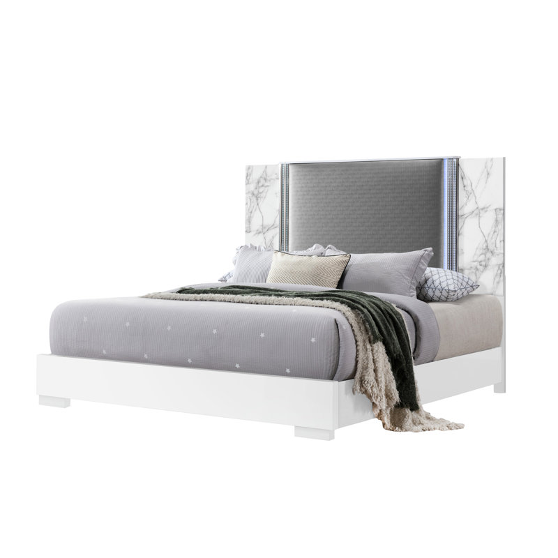Très grand lit avec accents à DEL, conception contemporaine en marbre, structure en bois d'hévéa, housse, profondeur de 79,73 po, largeur de 86,36 po, hauteur de 61,53 po, 148,55 lb, sommier tapissier nécessaire pour une utilisation avec panneau à DEL moderne, apparence, solide