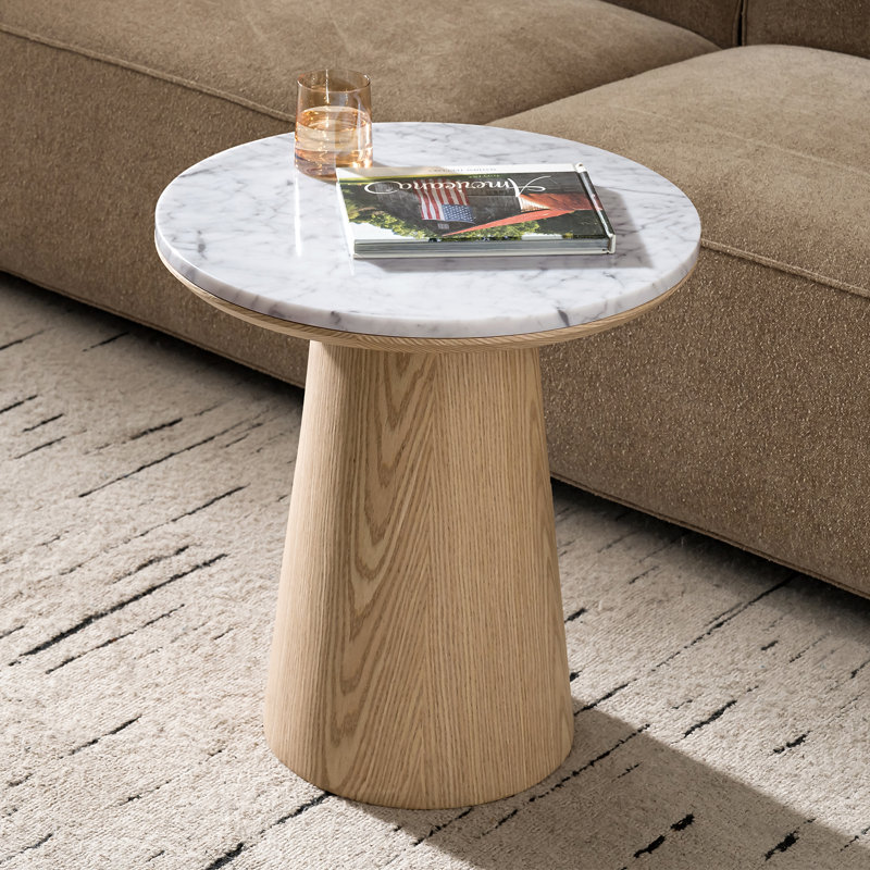 Myconos Modern Round End Table with Genuine Marble Top, Oak