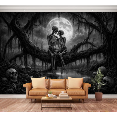 Wall Mural Peel and Stick Wallpaper Romantic Skeleton Couple Haunted Swamp Under Full Moon Self-Adhesive Removable Contact Paper Wall Decor for Living Room Bedroom 100"H x 144"W