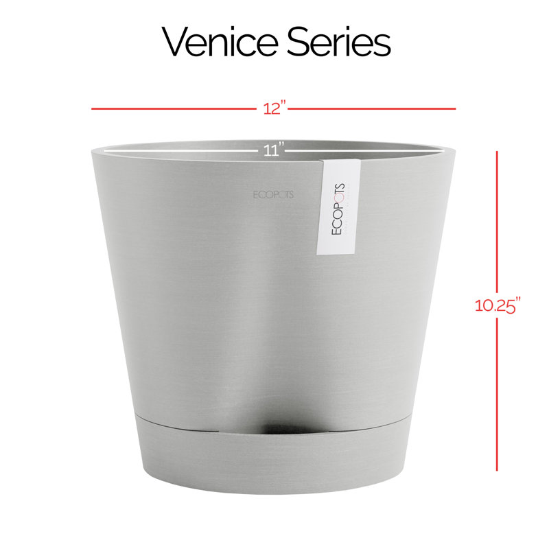 Ecopots Venice Indoor/Outdoor Modern Recycled Plastic Flower Pot Planter W/ Water Reservoir, 10.25" H x 12" W x 12" D, Gray