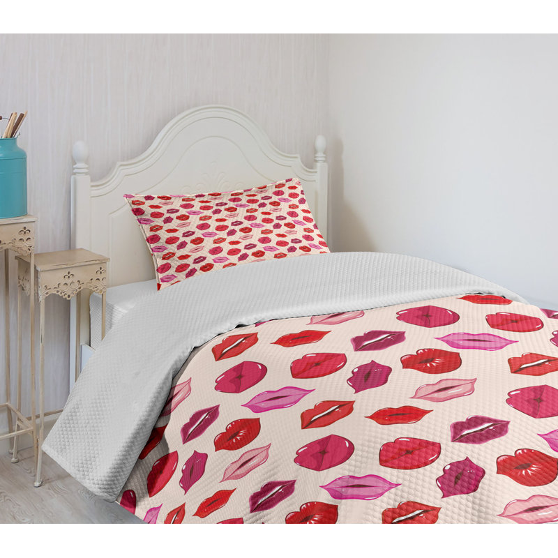 Ambesonne Ambesonne Kiss Bedspread Set Vivid Colored Lips Glamour Pale Rose and Multicolor