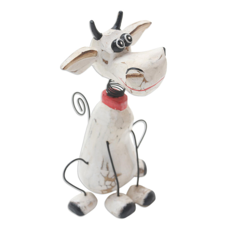 Handmade White and Black Albesia Wood Donkey Figurine with Iron Legs