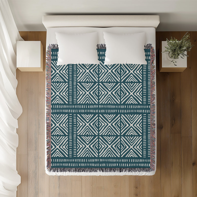 Jeté en coton Thora Tribal, Bleu sarcelle, 60 x 60