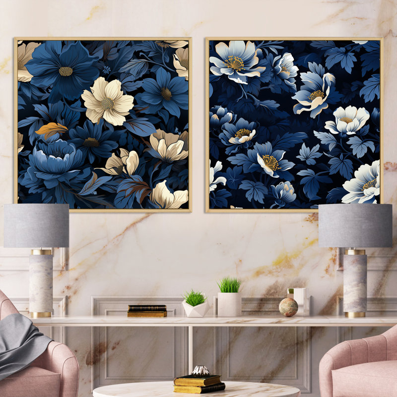 Nightfall - Ensemble de 2 collages carrés bleus et blancs à motif floral, Cadre flottant brun, H 36 po x l 73 po