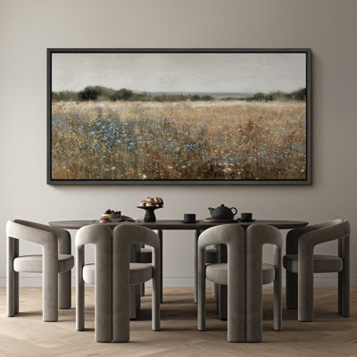 Grande impression sur toile encadrée - impression de paysage de champ de fleurs sauvages rétro pour décor de maison de campagne moderne