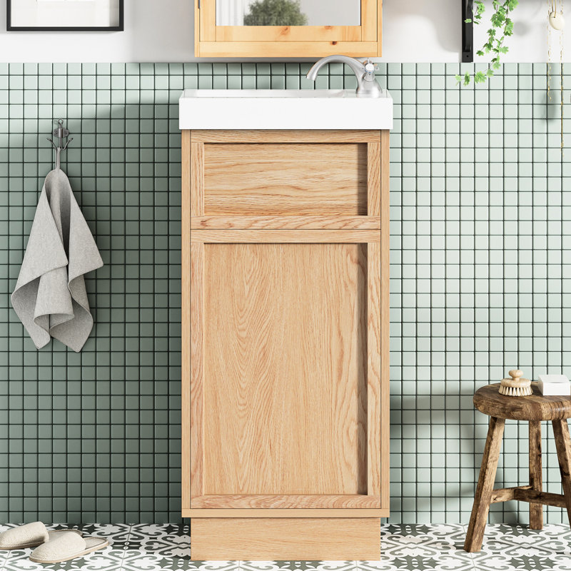 Meuble-lavabo de style rustique 15,6 po pour salle de bain avec lavabo réversible en résine, tablette réglable, porte à pousser, fonction de fermeture en douceur, charnières pour petits espaces avec finition grain de bois, mises à niveau