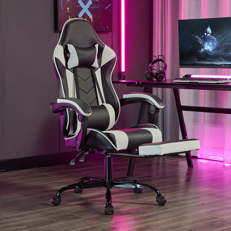 Fauteuil de jeu avec repose-pieds, fauteuil d'ordinateur ergonomique avec appui-tête et support lombaire, fauteuil de jeu vidéo réglable en hauteur respirant pour adultes, noir et blanc