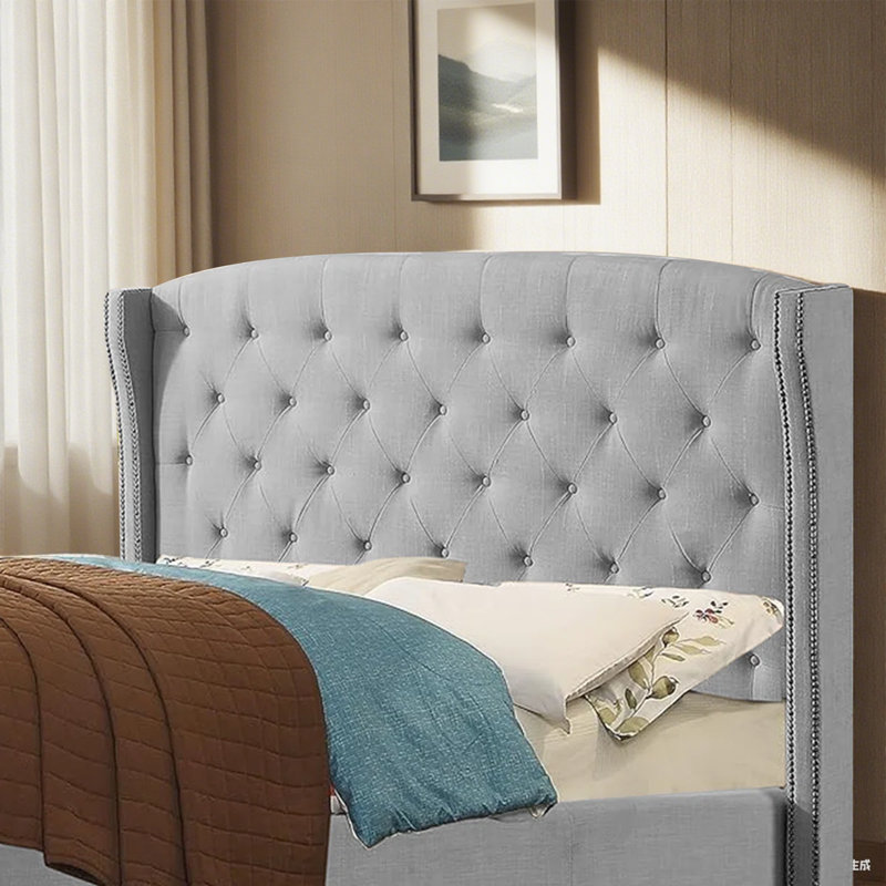 Tête de lit tapissier à oreilles en lin avec garniture cloutée double et capitonnage pour chambre à coucher, Grand lit, Gris