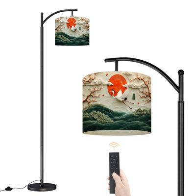 Arc Floor Lamp Graceful Crane Flight Red Sun Clouds Flowing Waves Asian Floor Lamps with Remote LED Lights Adjustable Lamp Shades Tall Standing Lamps for Reading Office Living Room