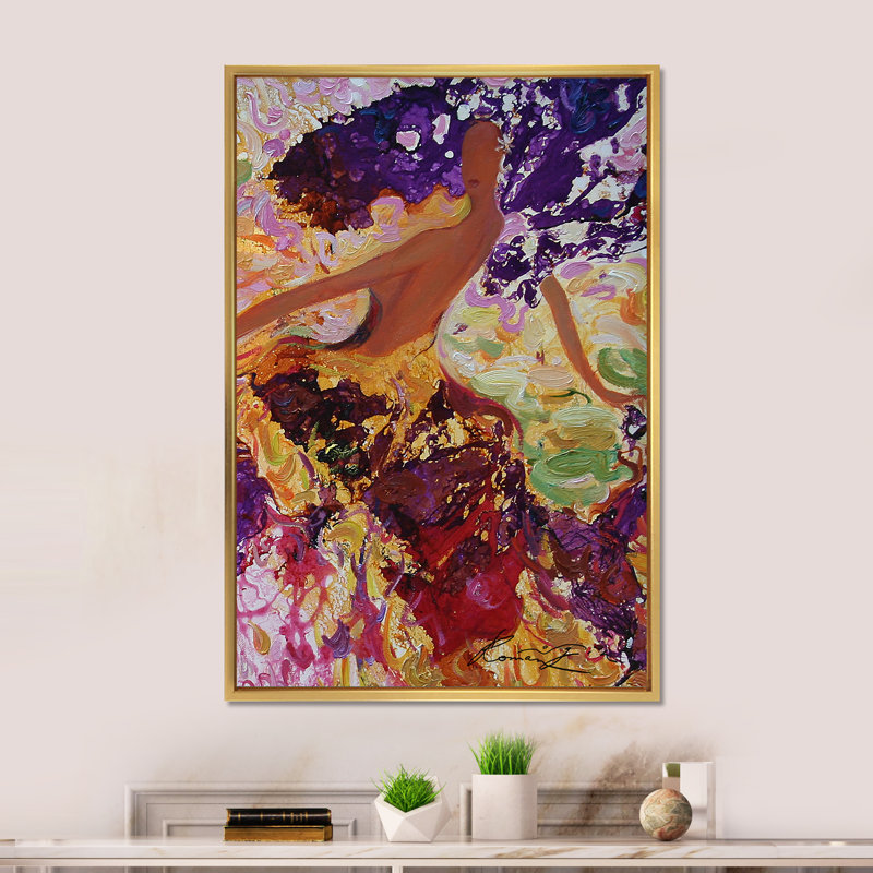 Abstrait mauve dansant - décoration murale moderne et contemporaine en toile, Cadre flottant doré, H 32 po x l 16 po x P 1 po