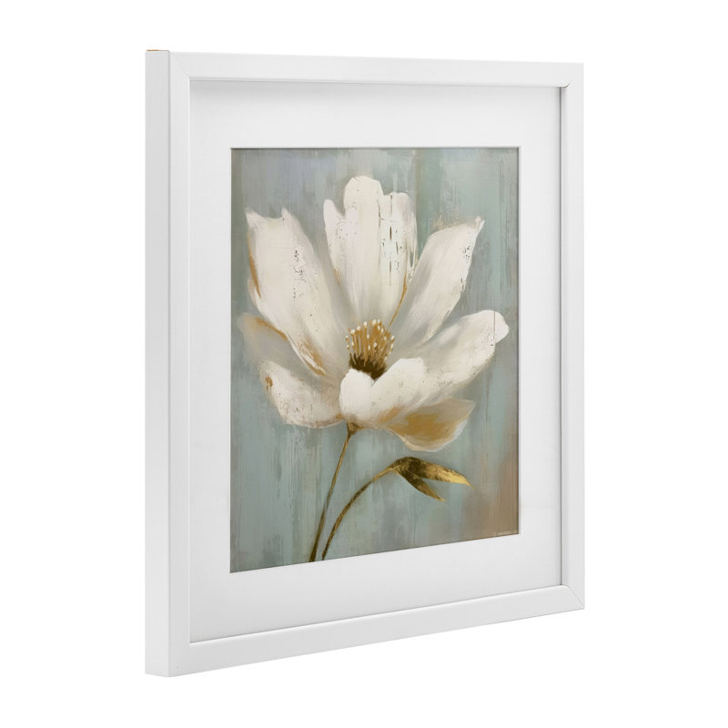 Fleur dorée brossée, reproduction encadrée sous verre, design par LSR Creative Studio, H 16 po x l 16 po, Cadre blanc côtier