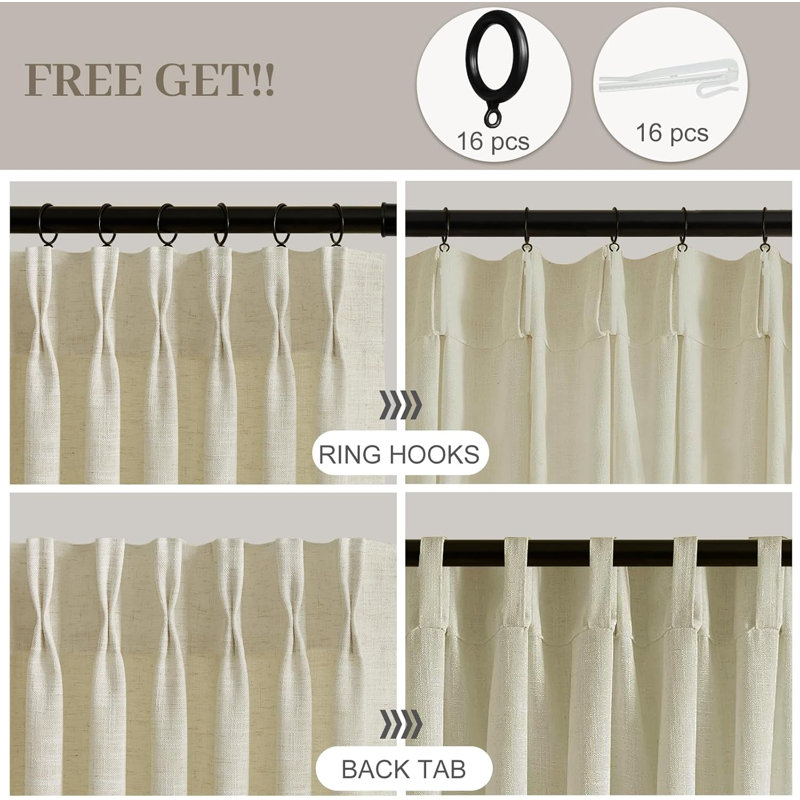 YZ Home Pinch Pleated Linen Curtains 2 Panels Set, Light Filtering Linen Blend Sheer Drapes Memory Trained Pleated Curtain Back Tab with Hooks Rings for Living Room Bedroom