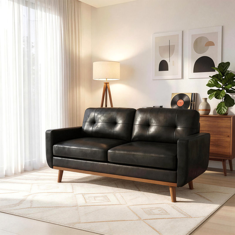 Canapé à deux places 65 pouces moderne minimaliste 65 po, avec tissu en aluminium respirant et pieds en bois massif, Noir