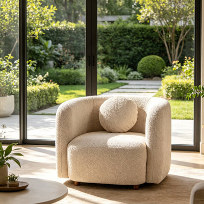 Boucle Fabric Single Sofa Chair, Minimalist Japandi Square Cloud Couch, Ergonomic Accent Armchair for Living Room