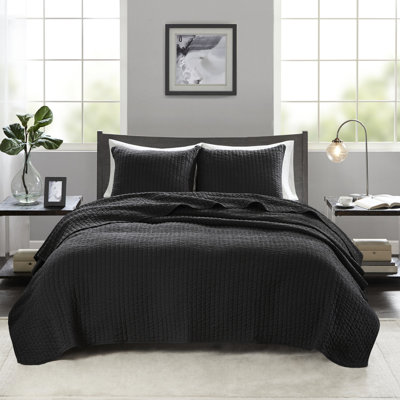 Courtepointe simple / simple TG en microfibre avec rembourrage en coton, réversible pour l'été et le temps froid, 2 taies décoratives, literie noire en coton, saisonnière, comprend 1 enchantement