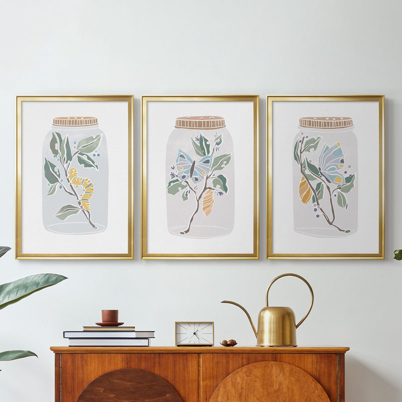 Nature Jar I - Toile tendue avec châssis sur mesure - 3 pièces, H 21 po x l 30 po, Doré