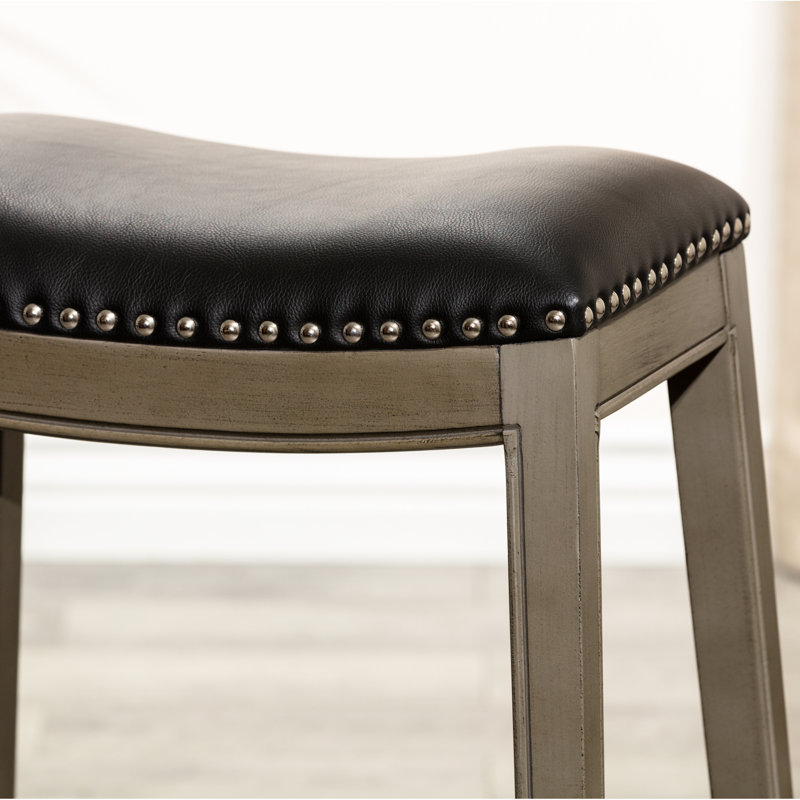 Weathered Gray 30" Bar Saddle Stool With Black Leather Seat - Brings Elegance To Your Space In Gray, Seat, Hardwood Build, Enhances Appeal
