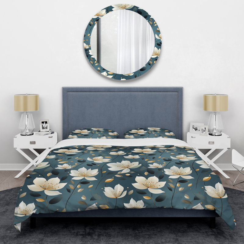 Teal & Ivory Elegant Floral Pattern - Ensemble de housse de couette à motif floral