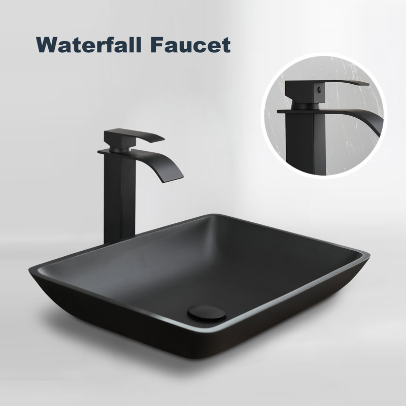Lavabo de salle de bain vasque rectangulaire en verre noir mat avec robinet