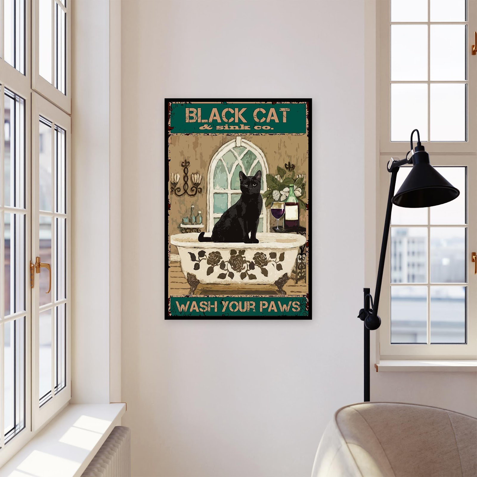 Black Cat and Sink CO Wash Your Paws Poster, Bathroom Decor, Wall Art Decor,  Black Cat Poster, Funny Bathroom Poster No Frame Canvas 