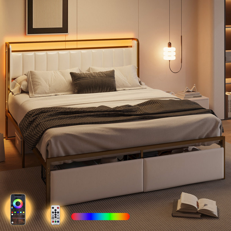 Omartin 45.4'' Bed Frame Twin Size with Armrests Headboard & RGB Light, Upholstered Twin Size Bed Platform with Drawers