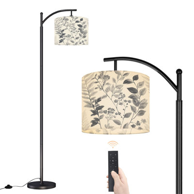 Arc Floor Lamp with Adjustable Lampshade Elegant Monochrome Botanical Detailed Floral Leaf Standing Lamp 3 Color Temperatures Dimmable Tall Pole Lamp with Foot Switch for Bedroom