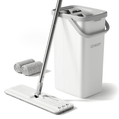 JOYMOOP Flat Squeeze Mop and Bucket Set, with 50" Mop Handle and 2 Grey Microfiber Pads