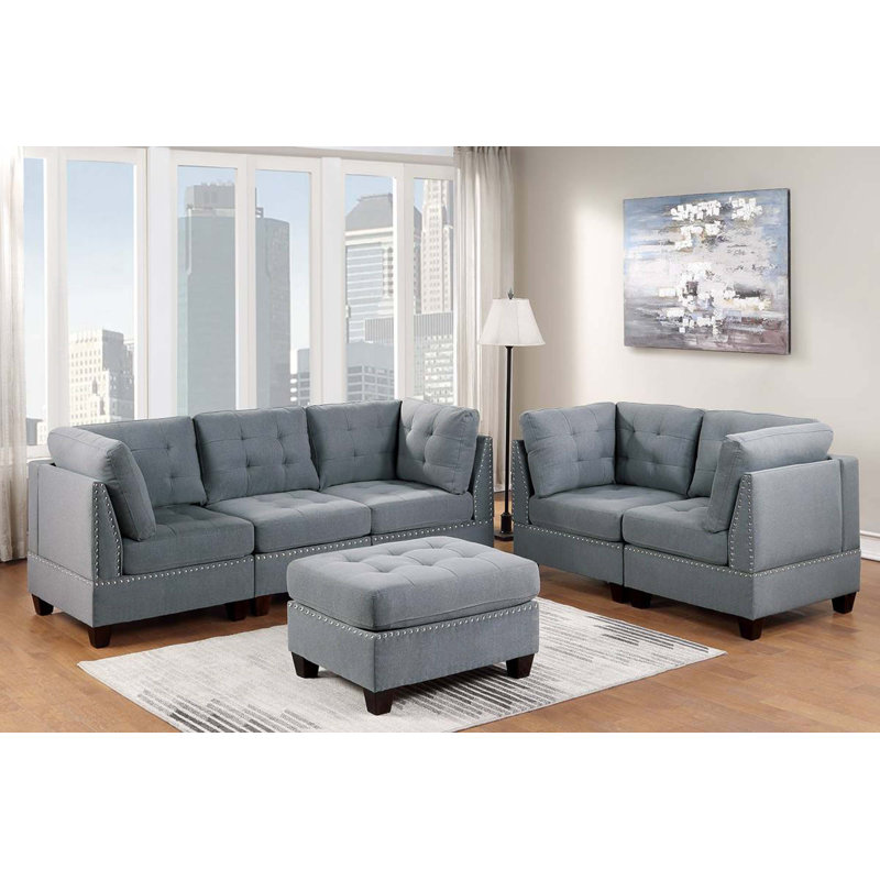 Tufted Corner Wedge Grey Linen Like Fabric 1pc Cushion Nail heads Wedge Sofa Wooden Legs
