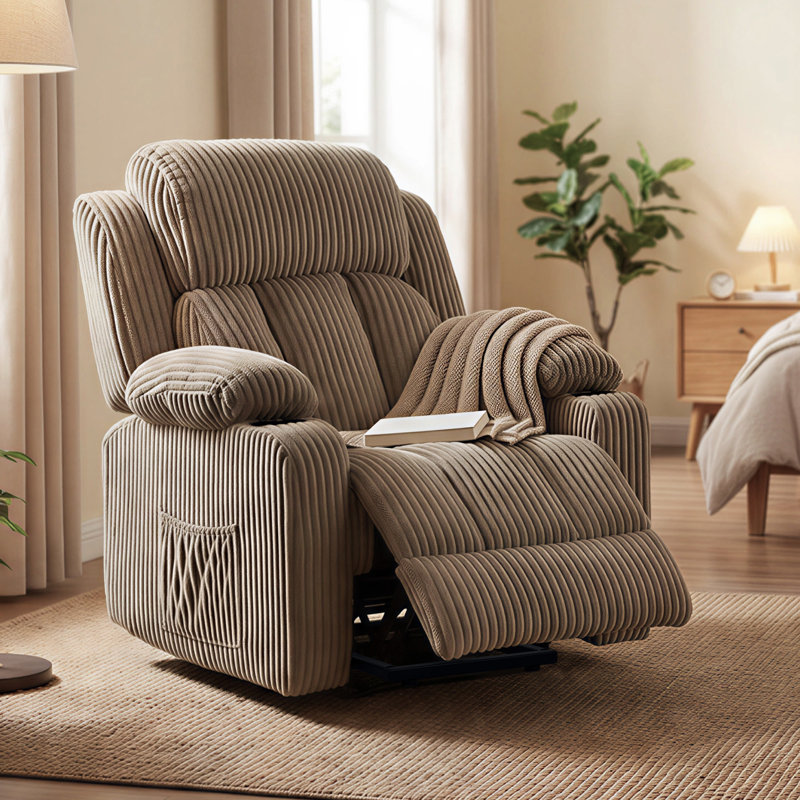 Power Lift Recliner Chair with Infinite Position Recline, Heat, and Massage, Khaki Corduroy