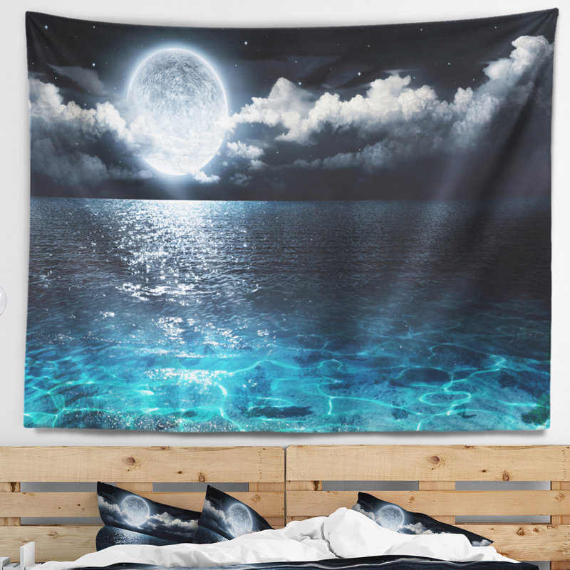 Tapisserie pleine lune sur mer seascape romantique, H 68 po x l 80 po