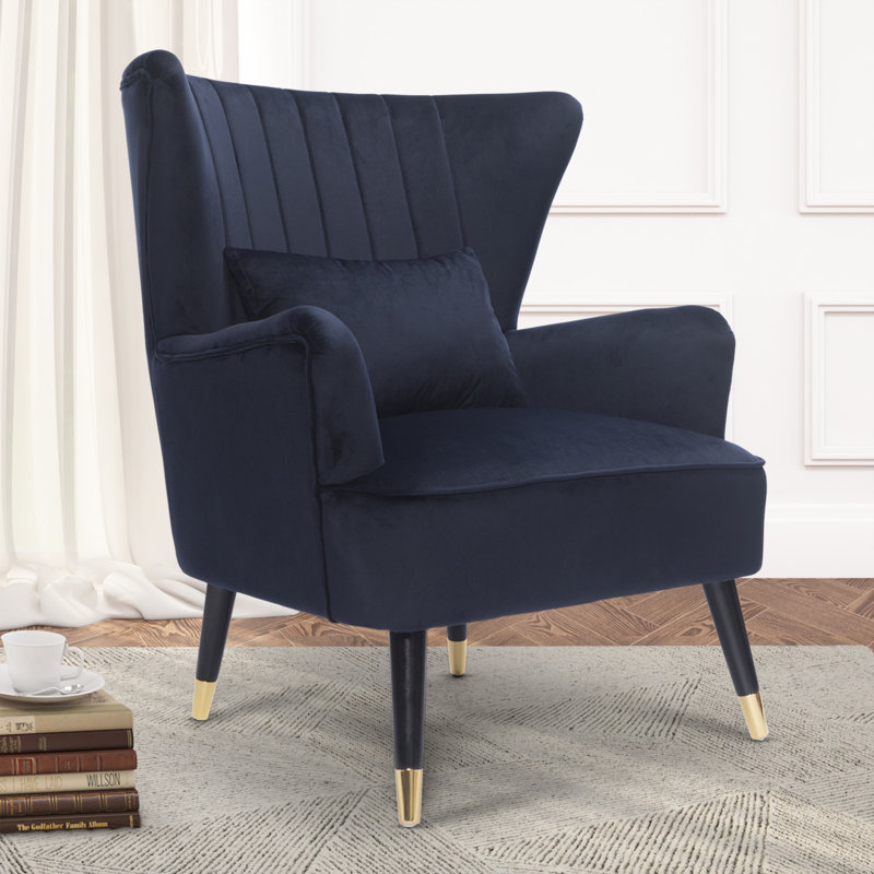 Nettey Upholstered Wingback Chair, Navy Blue, Velvet