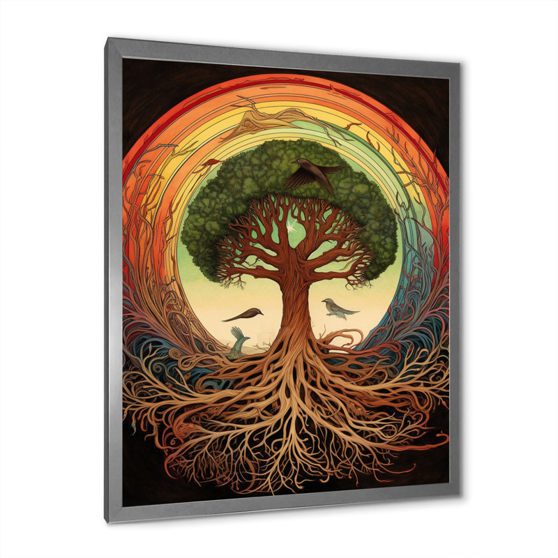 Arbre de vie, illustration rétro sur toile, H 32 po x l 24 po x P 1 po, Cadre simple argenté