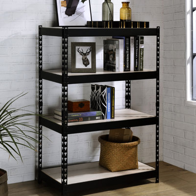 4 Tier Shelf Rectangular Bookcase With Adjustable Shelving Function, Metal Open Frame Design, Natural And Black Coloration, Kd Assembly Process, 32 In Product Depth Dimension, 17 Width 48 Height