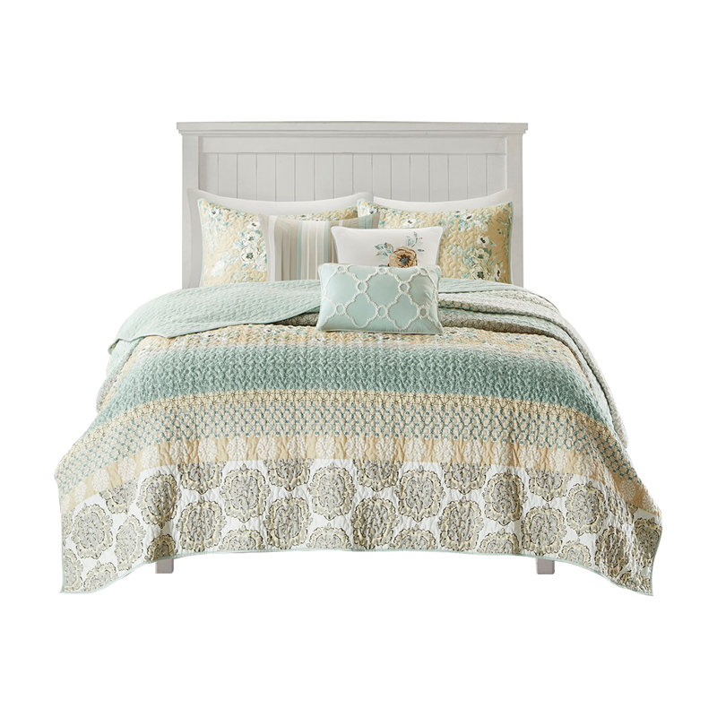 Boho-Chic Blue Cotton Reversible Quilt Set with Pillows