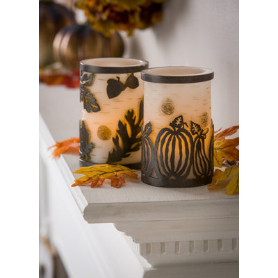 Ensemble de bougies sans flamme sans parfum en relief citrouille et feuilles 2 pièces
