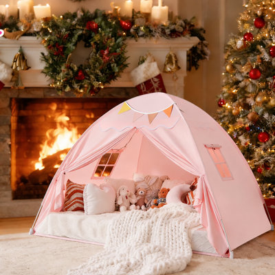 Large Kids Teepee Tent with Flags - Indoor Toddler Playhouse for Boys & Girls | Canopy for Playroom, Bedroom - Perfect Gift Toy (Pink)