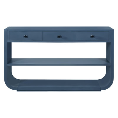 [Vidéo] Console moderne incurvée avec 3 tiroirs à fermeture en douceur et 2 tablettes ouvertes, base en bois massif, table de vestibule pour vestibule, bleu